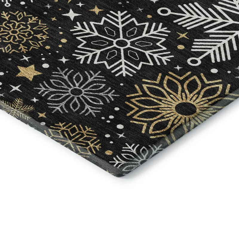 Luxury Washable Indoor/Outdoor Merry & Bright Black 8\' x 8\' Round Rug