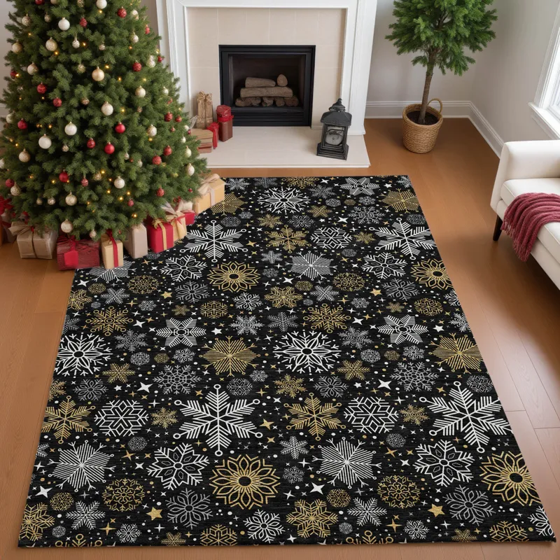 Luxury Washable Indoor/Outdoor Merry & Bright Black 10\' x 14\' Rug