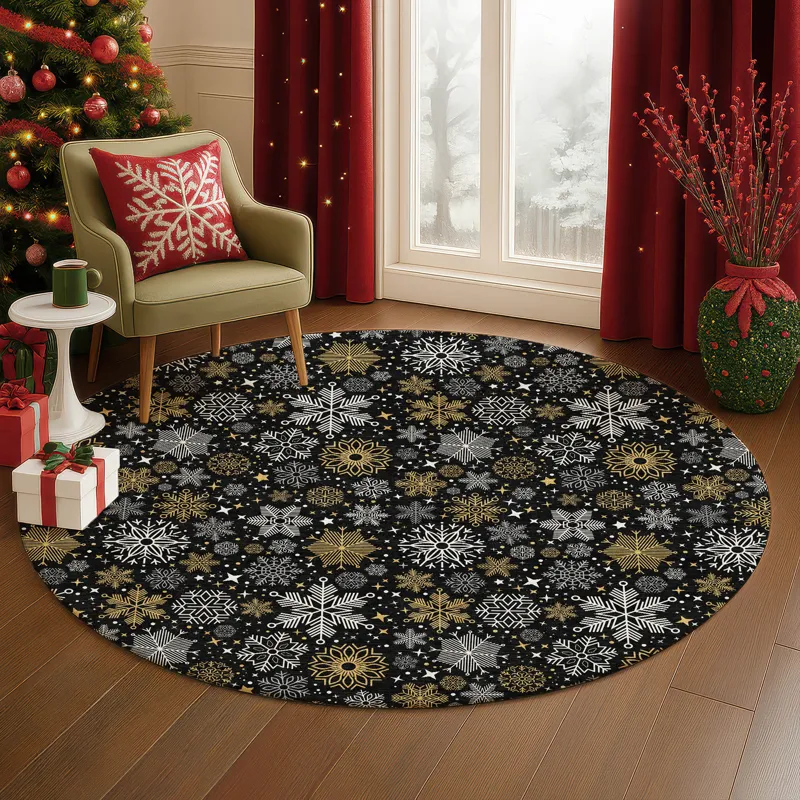 Luxury Washable Indoor/Outdoor Merry & Bright Black 8\' x 8\' Round Rug