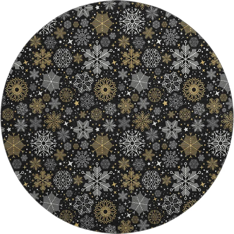 Luxury Washable Indoor/Outdoor Merry & Bright Black 8\' x 8\' Round Rug