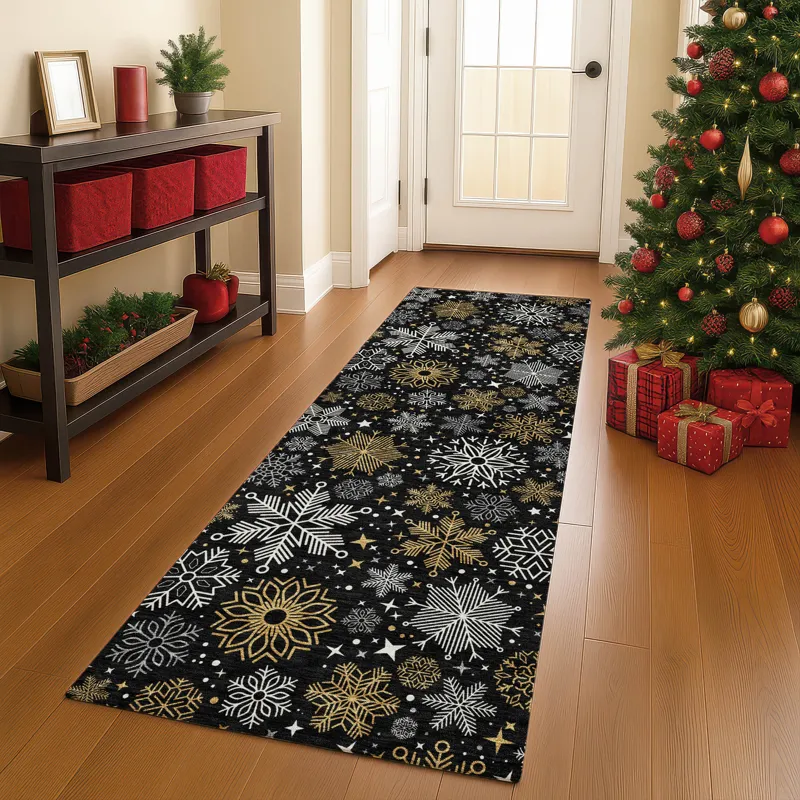 Luxury Washable Indoor/Outdoor Merry & Bright Black 2\'3\" x 7\'6\" Runner Rug