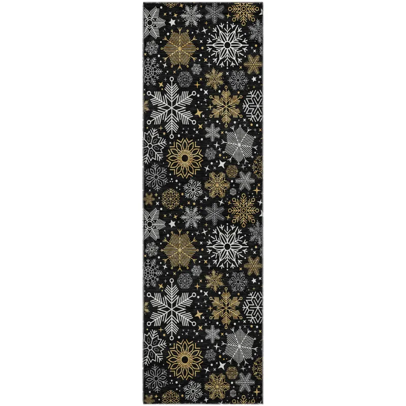 Luxury Washable Indoor/Outdoor Merry & Bright Black 2\'3\" x 7\'6\" Runner Rug
