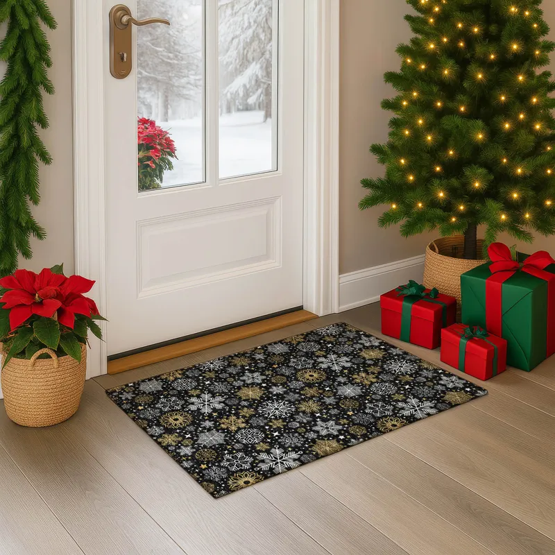 Luxury Washable Indoor/Outdoor Merry & Bright Black 1\'8\" x 2\'6\" Rug