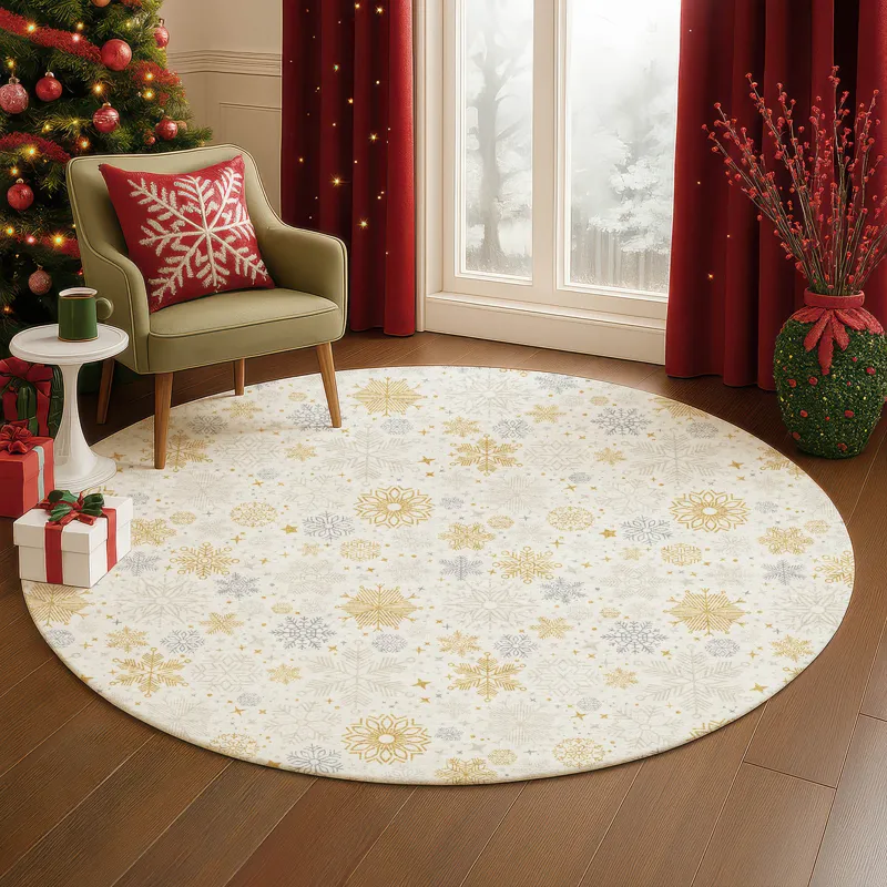 Luxury Washable Indoor/Outdoor Merry & Bright Ivory 8\' x 8\' Round Rug