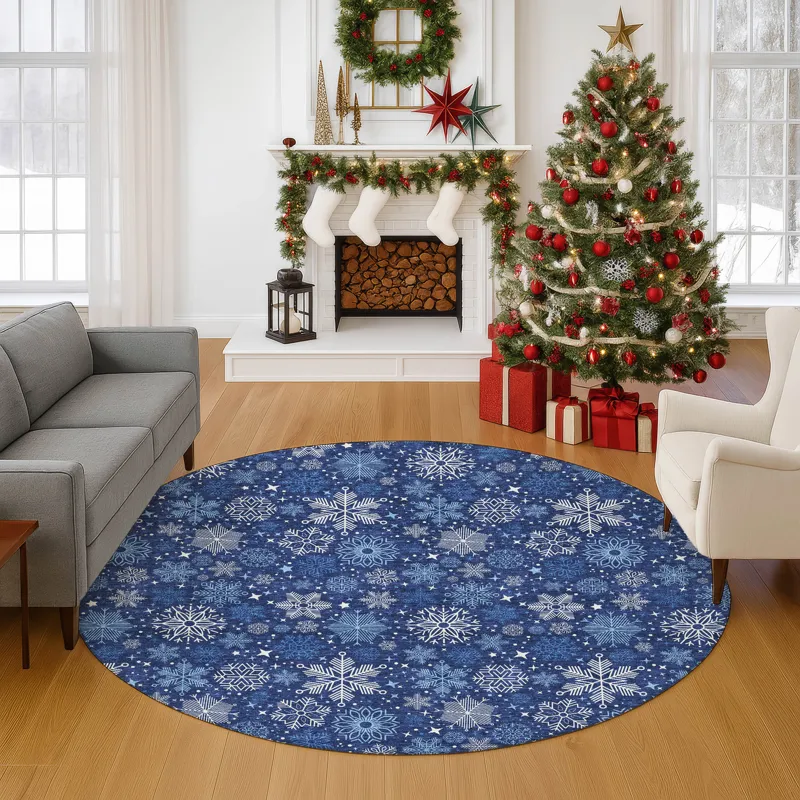 Luxury Washable Indoor/Outdoor Merry & Bright Navy 8\' x 8\' Round Rug