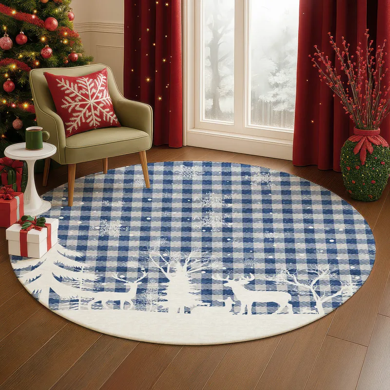 Luxury Washable Indoor/Outdoor Merry & Bright Blue 8\' x 8\' Round Rug