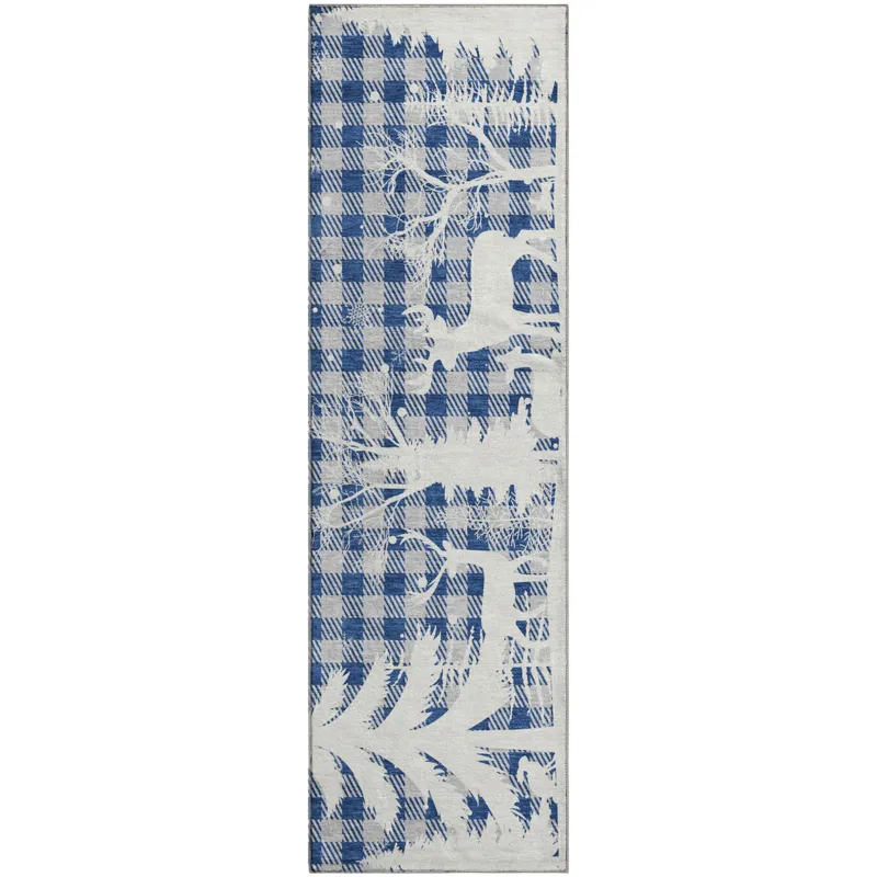 Luxury Washable Indoor/Outdoor Merry & Bright Blue 2\'3\" x 7\'6\" Runner Rug