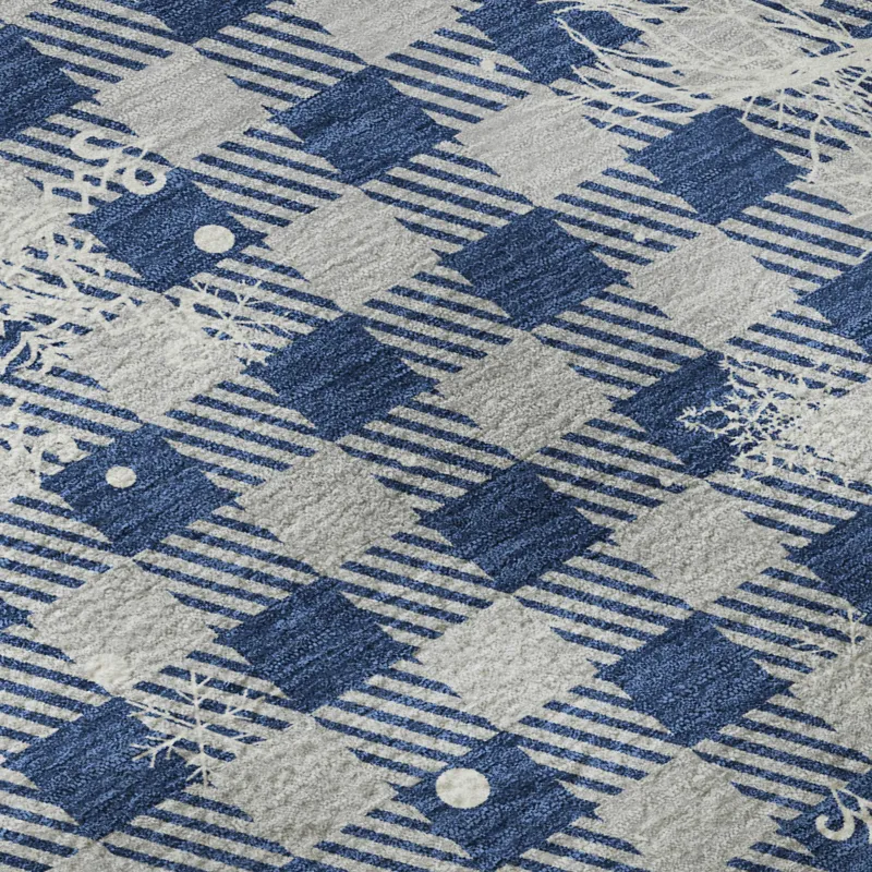 Luxury Washable Indoor/Outdoor Merry & Bright Blue 2\'3\" x 7\'6\" Runner Rug