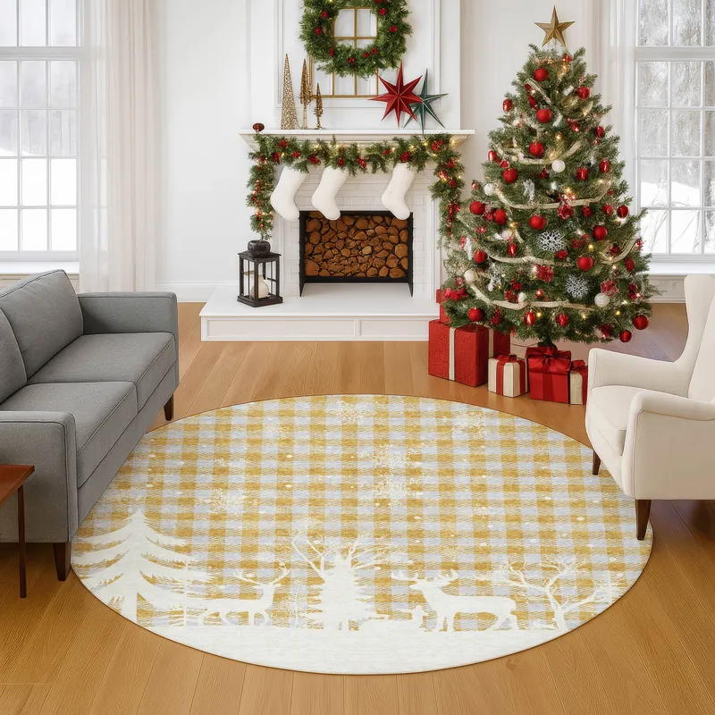 Luxury Washable Indoor/Outdoor Merry & Bright Gold 8\' x 8\' Round Rug