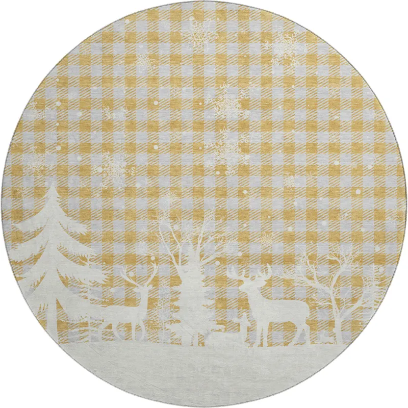 Luxury Washable Indoor/Outdoor Merry & Bright Gold 8\' x 8\' Round Rug