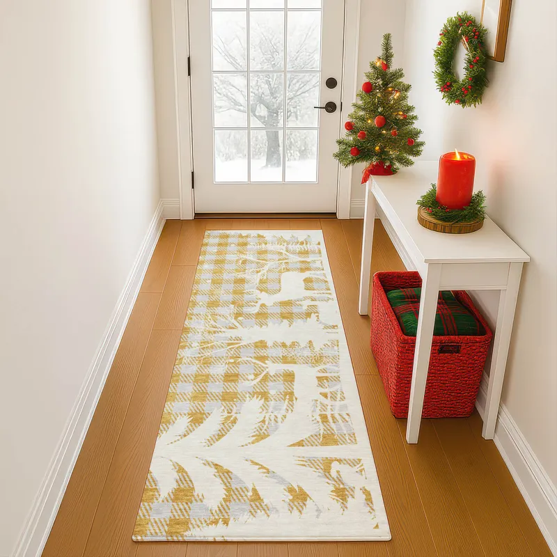 Luxury Washable Indoor/Outdoor Merry & Bright Gold 2\'3\" x 7\'6\" Runner Rug