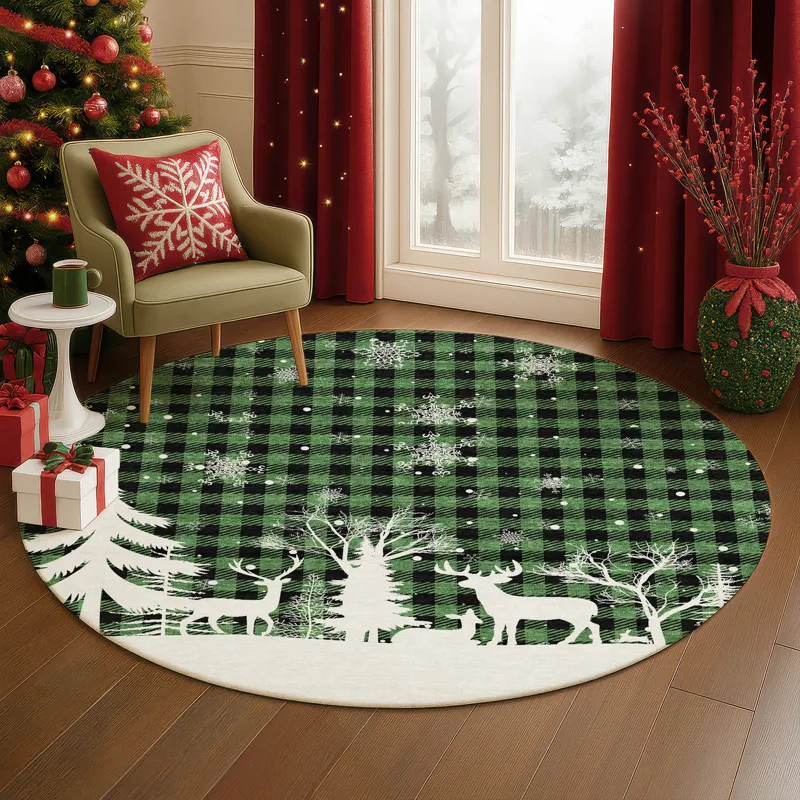 Luxury Washable Indoor/Outdoor Merry & Bright Green 8\' x 8\' Round Rug