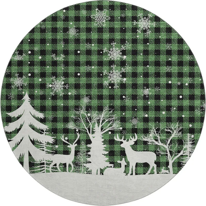 Luxury Washable Indoor/Outdoor Merry & Bright Green 8\' x 8\' Round Rug