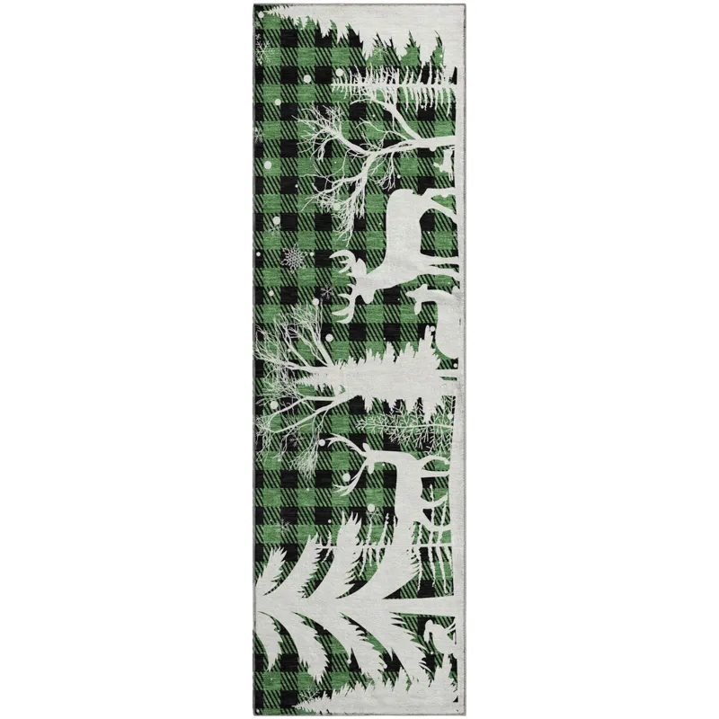 Luxury Washable Indoor/Outdoor Merry & Bright Green 2\'3\" x 7\'6\" Runner Rug