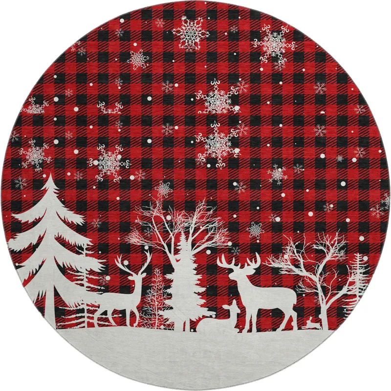 Luxury Washable Indoor/Outdoor Merry & Bright Red 8\' x 8\' Round Rug