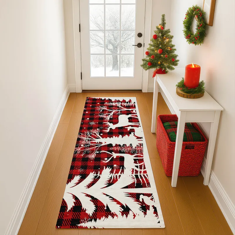 Luxury Washable Indoor/Outdoor Merry & Bright Red 2\'3\" x 7\'6\" Runner Rug