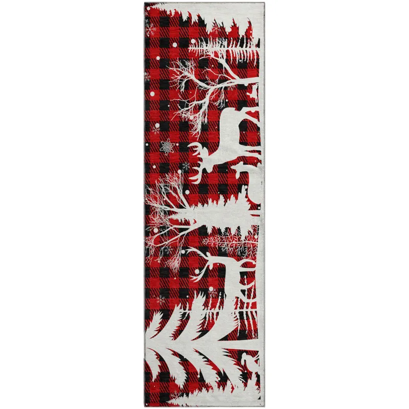 Luxury Washable Indoor/Outdoor Merry & Bright Red 2\'3\" x 7\'6\" Runner Rug