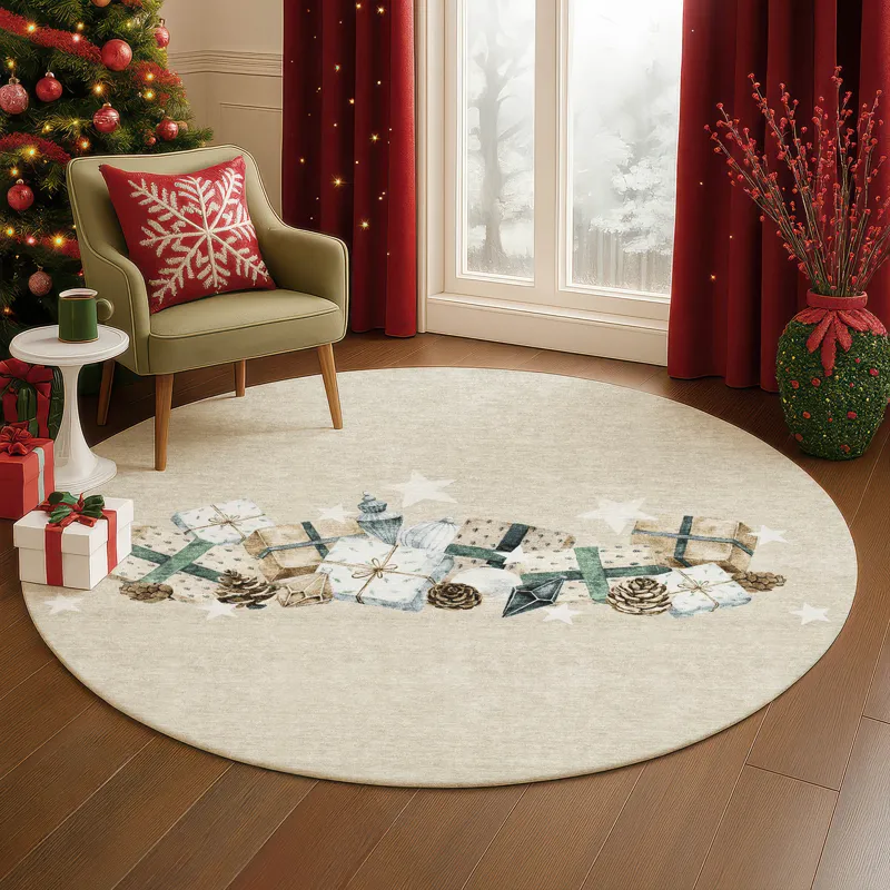 Luxury Washable Indoor/Outdoor Merry & Bright Beige 8\' x 8\' Round Rug