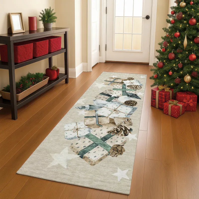 Luxury Washable Indoor/Outdoor Merry & Bright Beige 2\'3\" x 7\'6\" Runner Rug