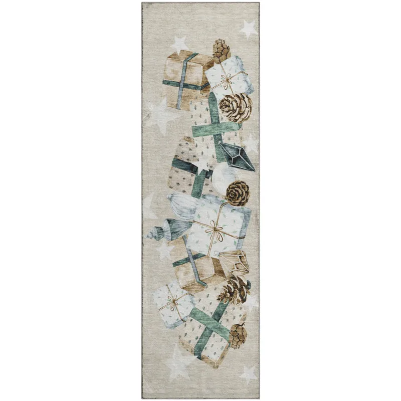 Luxury Washable Indoor/Outdoor Merry & Bright Beige 2\'3\" x 7\'6\" Runner Rug