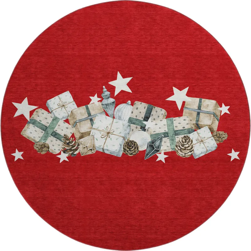 Luxury Washable Indoor/Outdoor Merry & Bright Red 8\' x 8\' Round Rug