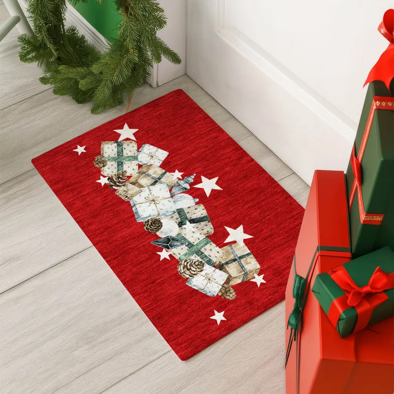 Luxury Washable Indoor/Outdoor Merry & Bright Red 1\'8\" x 2\'6\" Rug