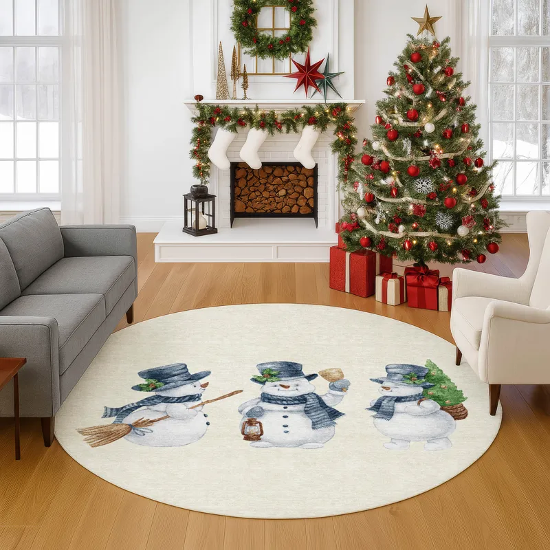 Luxury Washable Indoor/Outdoor Merry & Bright Ivory 8\' x 8\' Round Rug
