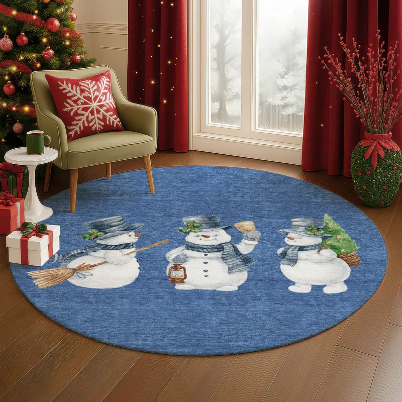 Luxury Washable Indoor/Outdoor Merry & Bright Navy 8\' x 8\' Round Rug
