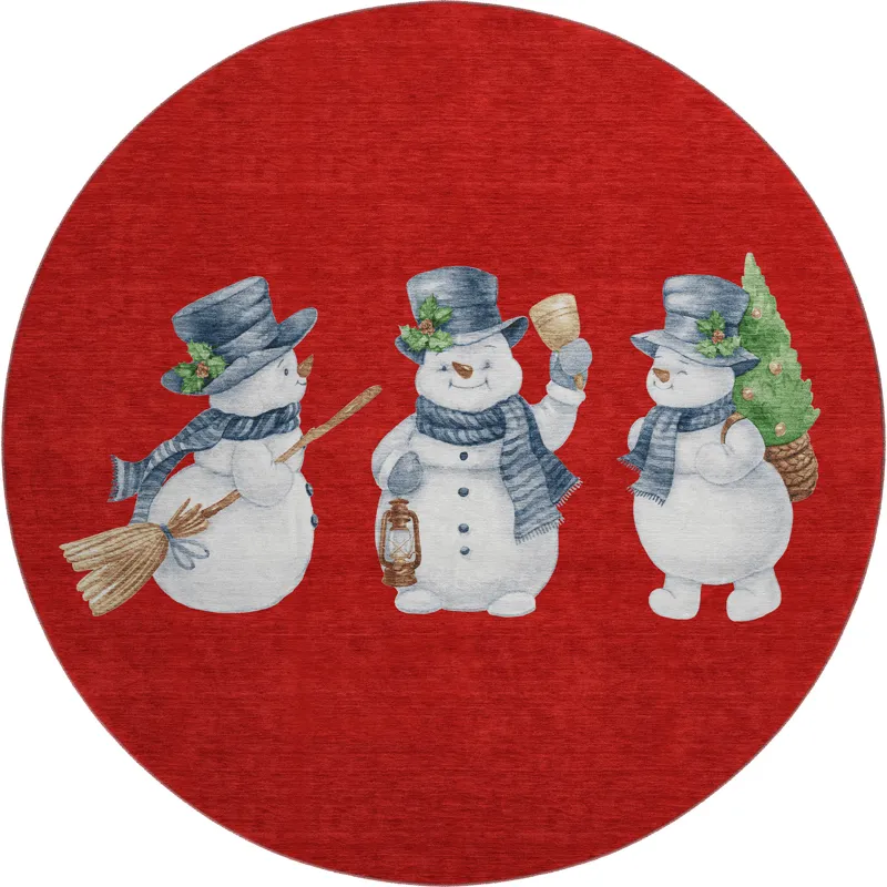 Luxury Washable Indoor/Outdoor Merry & Bright Red 8\' x 8\' Round Rug