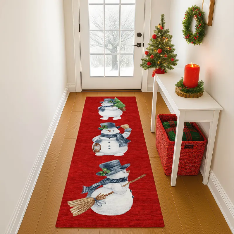 Luxury Washable Indoor/Outdoor Merry & Bright Red 2\'3\" x 7\'6\" Runner Rug