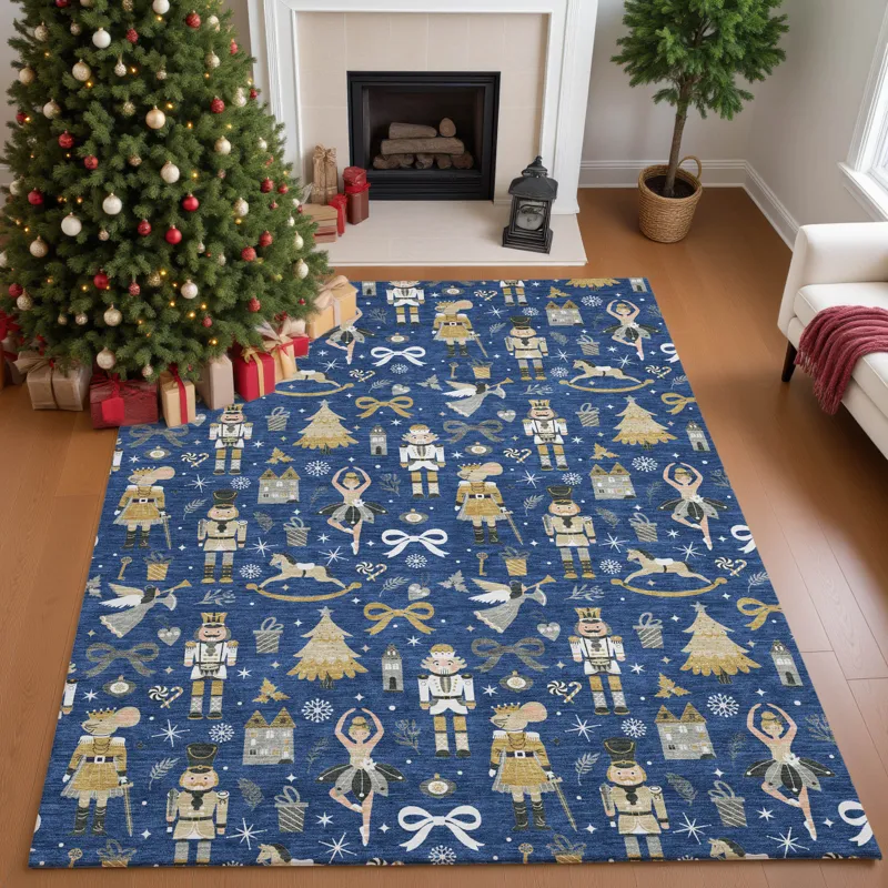 Luxury Washable Indoor/Outdoor Merry & Bright Navy 9\' x 12\' Rug