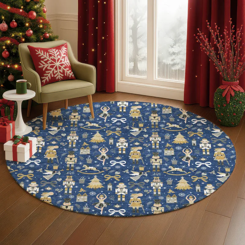 Luxury Washable Indoor/Outdoor Merry & Bright Navy 8\' x 8\' Round Rug