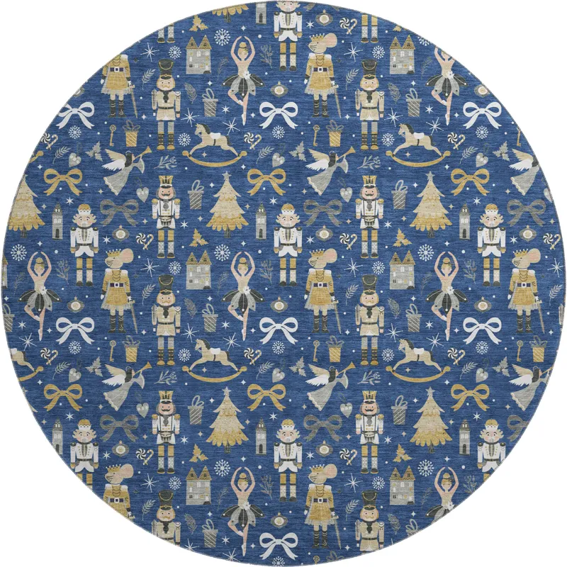 Luxury Washable Indoor/Outdoor Merry & Bright Navy 8\' x 8\' Round Rug