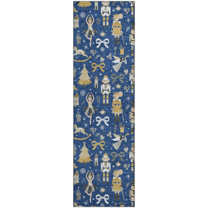 Luxury Washable Indoor/Outdoor Merry & Bright Navy 2\'3\" x 7\'6\" Runner Rug