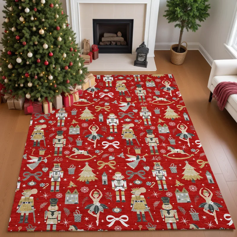 Luxury Washable Indoor/Outdoor Merry & Bright Red 9\' x 12\' Rug