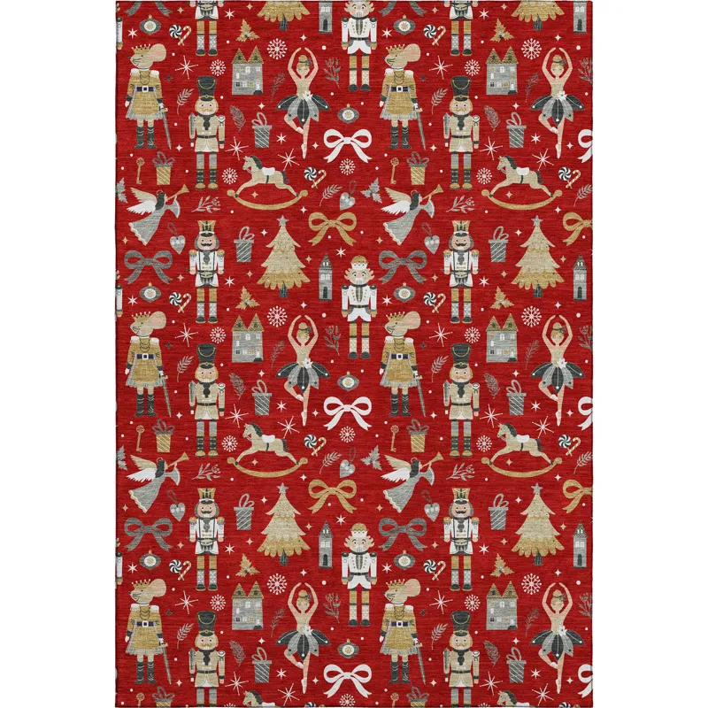 Luxury Washable Indoor/Outdoor Merry & Bright Red 9\' x 12\' Rug