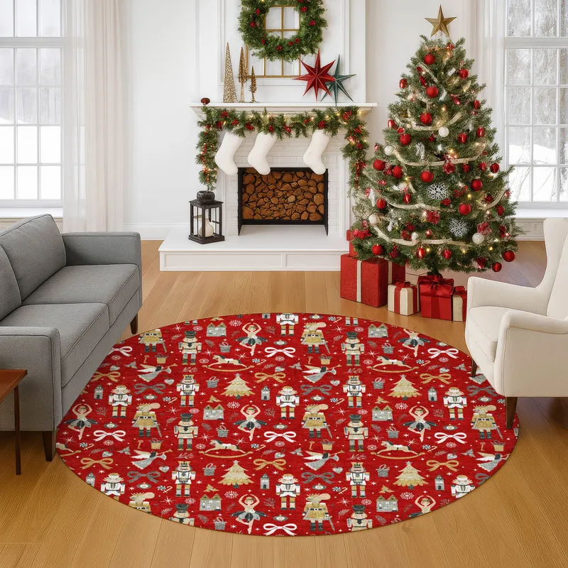 Luxury Washable Indoor/Outdoor Merry & Bright Red 8\' x 8\' Round Rug