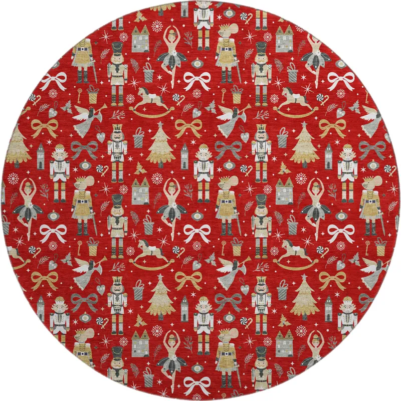Luxury Washable Indoor/Outdoor Merry & Bright Red 8\' x 8\' Round Rug