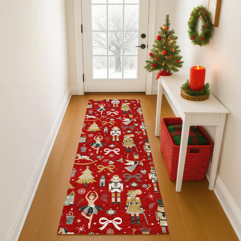Luxury Washable Indoor/Outdoor Merry & Bright Red 2\'3\" x 7\'6\" Runner Rug