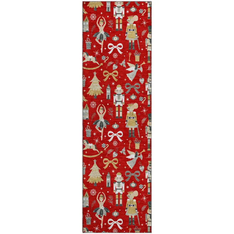 Luxury Washable Indoor/Outdoor Merry & Bright Red 2\'3\" x 7\'6\" Runner Rug