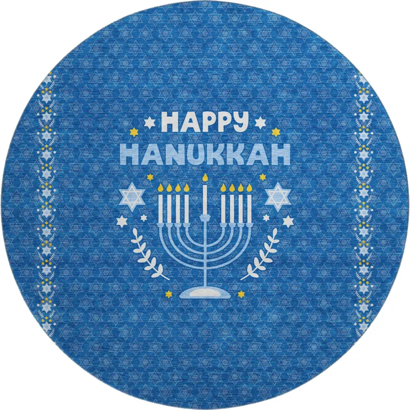 Luxury Washable Indoor/Outdoor Merry & Bright Blue 8\' x 8\' Round Rug