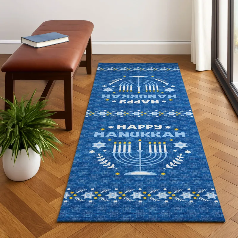 Luxury Washable Indoor/Outdoor Merry & Bright Blue 2\'3\" x 7\'6\" Runner Rug