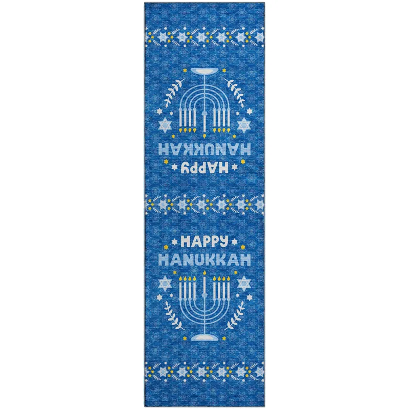 Luxury Washable Indoor/Outdoor Merry & Bright Blue 2\'3\" x 7\'6\" Runner Rug