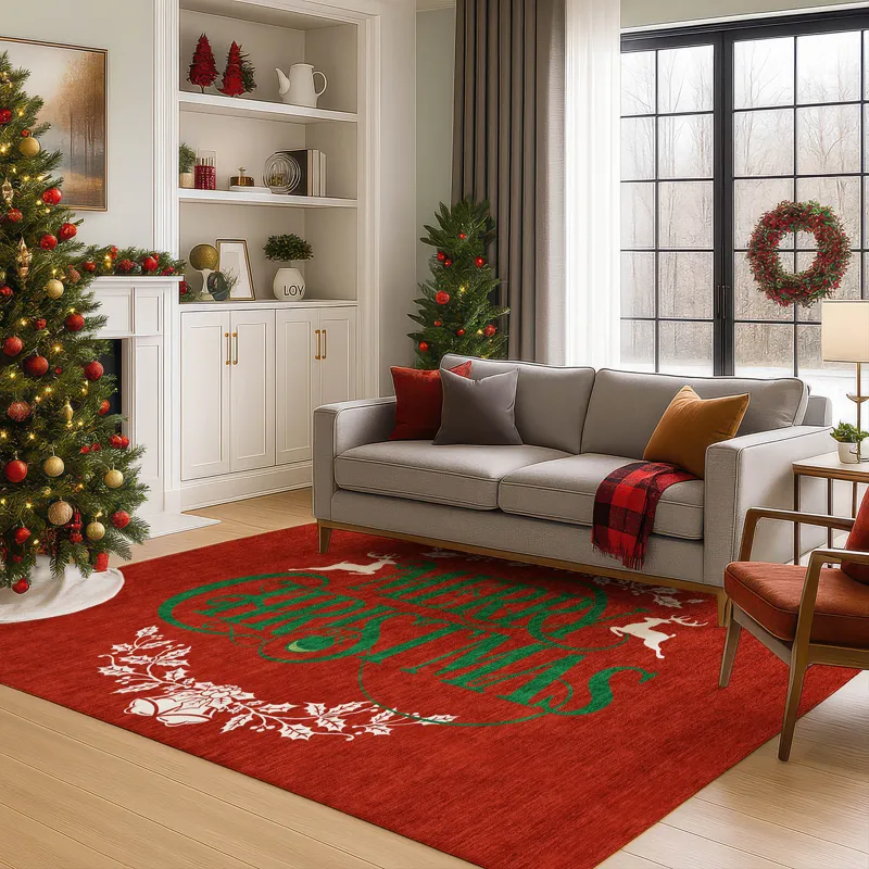 Luxury Washable Indoor/Outdoor Merry & Bright Red 9\' x 12\' Rug