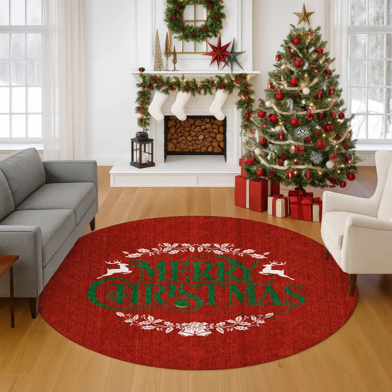 Luxury Washable Indoor/Outdoor Merry & Bright Red 8\' x 8\' Round Rug