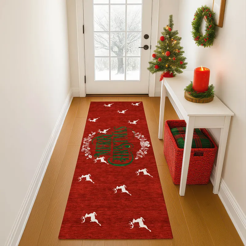 Luxury Washable Indoor/Outdoor Merry & Bright Red 2\'3\" x 7\'6\" Runner Rug