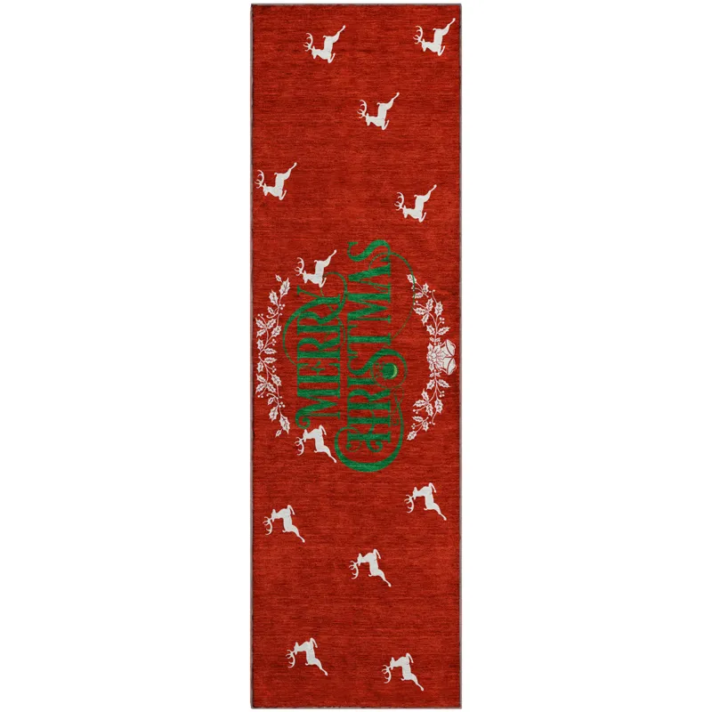 Luxury Washable Indoor/Outdoor Merry & Bright Red 2\'3\" x 7\'6\" Runner Rug