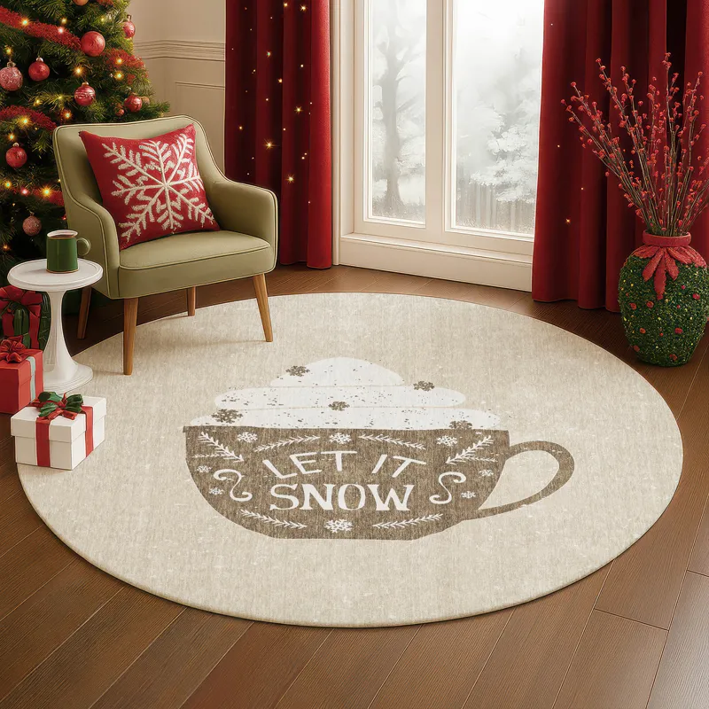 Luxury Washable Indoor/Outdoor Merry & Bright Beige 8\' x 8\' Round Rug