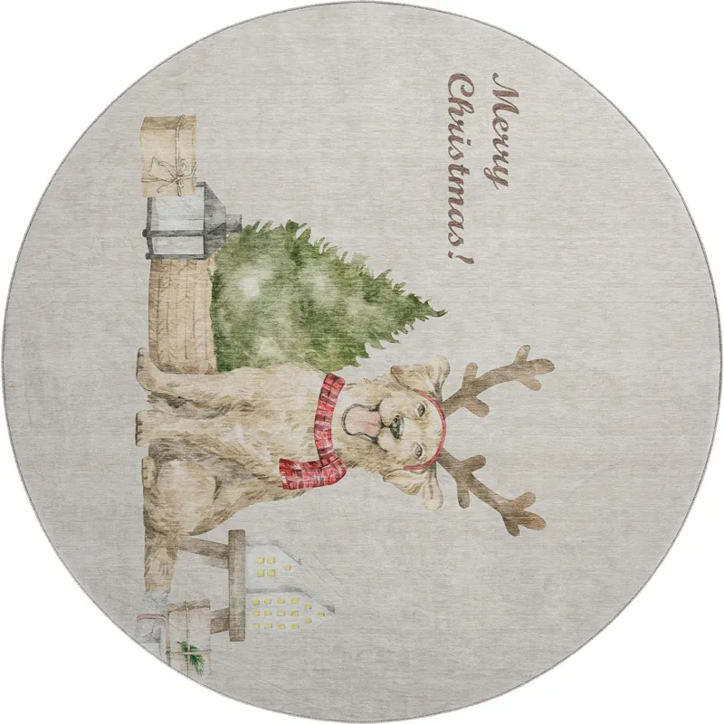 Luxury Washable Indoor/Outdoor Merry & Bright Beige 8\' x 8\' Round Rug