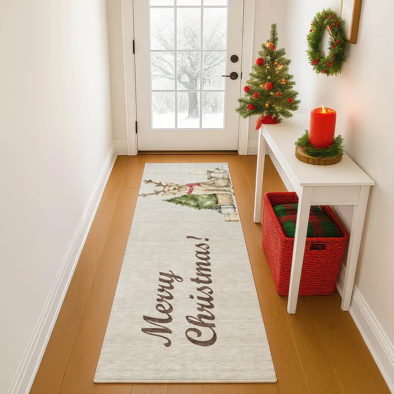 Luxury Washable Indoor/Outdoor Merry & Bright Beige 2\'3\" x 7\'6\" Runner Rug